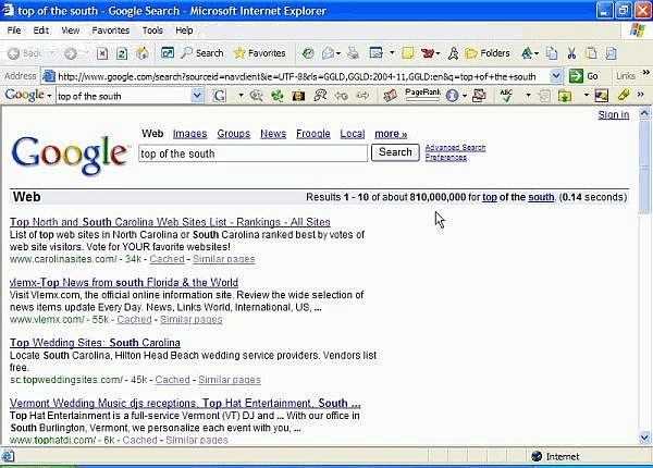 #1 ranking at Google for phrase "Top of the South"